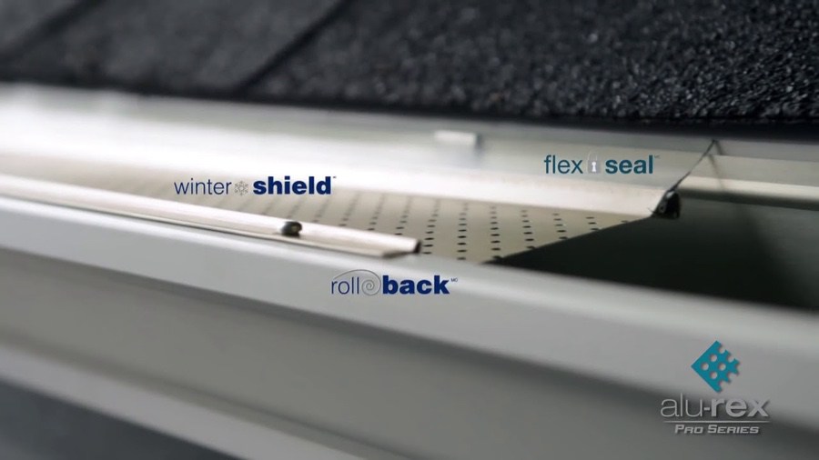 Labeled photo of Alu-Rex T-Rex gutter guard system for eavestrough protection