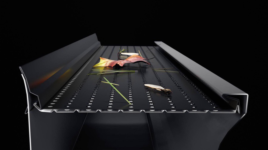 3D rendering of Alu-Rex gutter guard keeping leaves and pine needles out of eavestrough with perforated metal design
